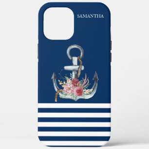 Bootnaam, Anker Bloemen Marineblauw Gestreept iPhone 12 Pro Max Hoesje