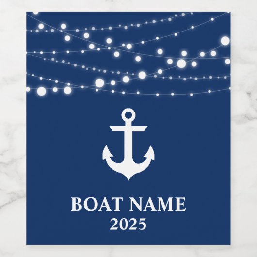 Bootnaam Jaar Nautische Anker String Lights Blauw Wijn Etiket (Enkel label)