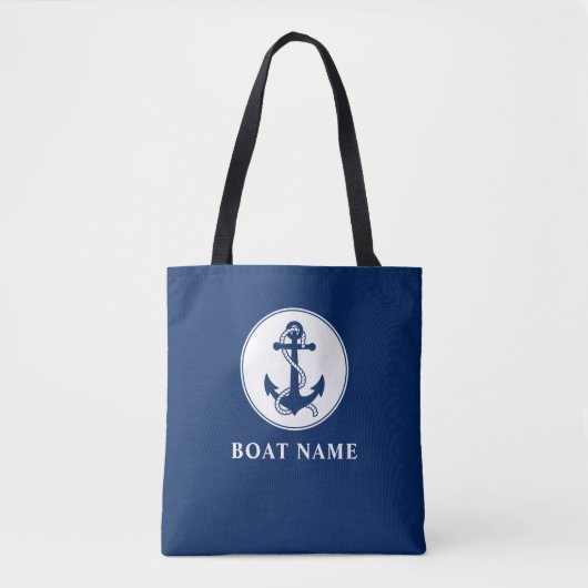Bootnaam Nautische Anker & Touw Navy Blauw Wit Draagtas (Voorkant)