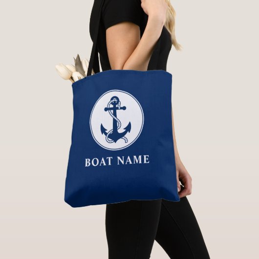 Bootnaam Nautische Anker & Touw Navy Blauw Wit Draagtas (Dichtbij)