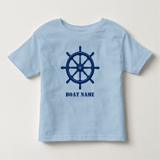 Bootnaam of Jouw naam Schip Helm Wheel Navy & Blue Kinder Shirts (Voorkant)