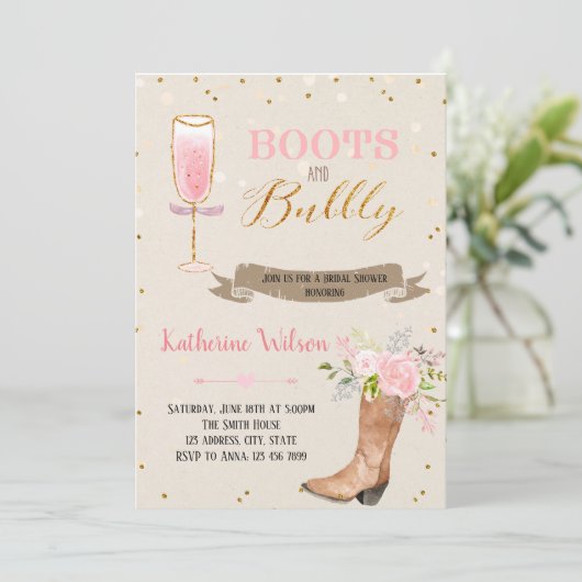 Boots and bubbly party call kaart (Staand voorkant)