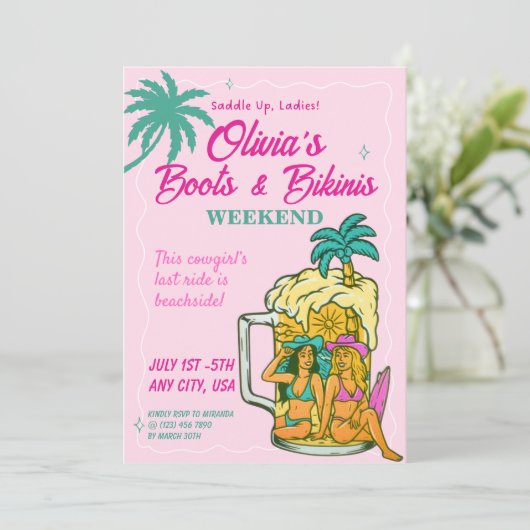 Boots & Bikinis Bachelorette Invitation  (Debout devant)