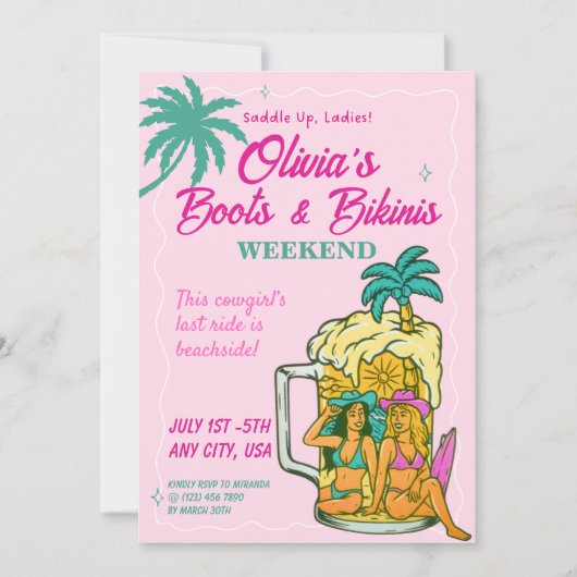 Boots & Bikinis Bachelorette Invitation  Kaart (Voorkant)