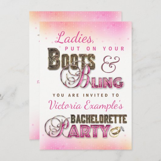 Boots Bling Bachelorette Party Invitations (Devant / Derrière)