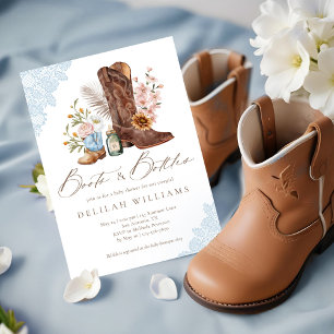 Boots & Bottles Blue Cowboy Western Baby shower Kaart