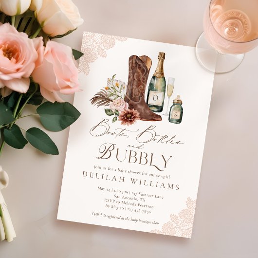 Boots Bottles & Bubbly Country Western Baby shower Kaart