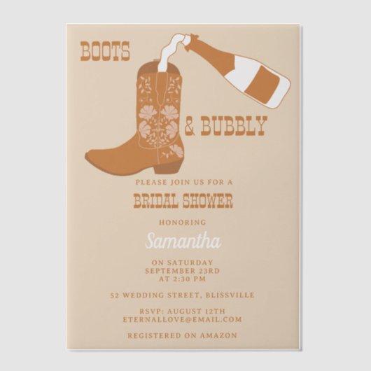 Boots Bubbly Rustic Western Country Vrijgezellenfe Vellum Uitnodigingen (Voorkant)