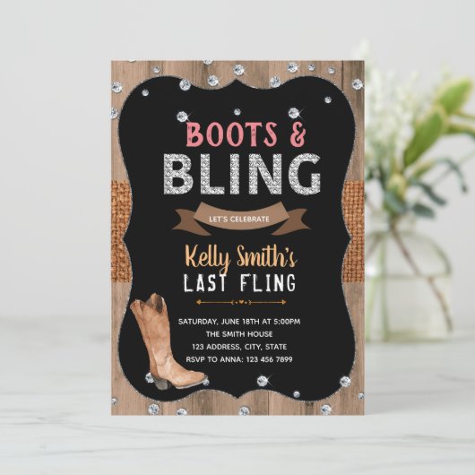 Boots- en bling-thema-uitnodiging kaart (Staand voorkant)