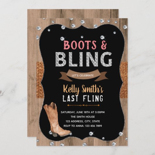 Boots- en bling-thema-uitnodiging kaart (Voorkant / Achterkant)