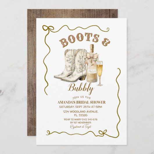 Boots en Bubbly Bruids Douche Uitnodiging, Kaart (Voorkant / Achterkant)