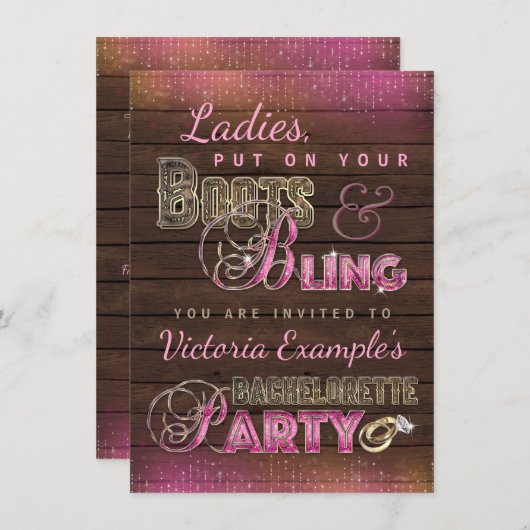 Boots et Bling Bachelorette Party Invitations (Devant / Derrière)