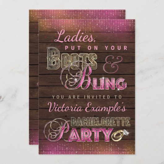 Boots et Bling Bachelorette Party Invitations (Devant / Derrière)