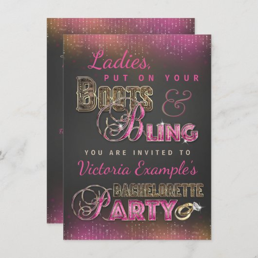 Boots et Bling Bachelorette Party Invitations (Devant / Derrière)