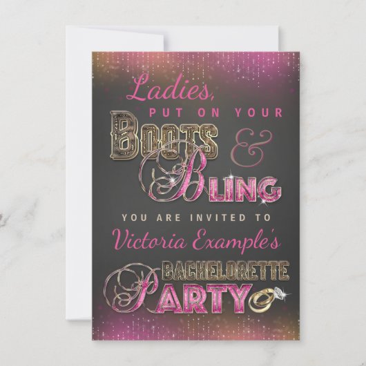 Boots et Bling Bachelorette Party Invitations (Devant)