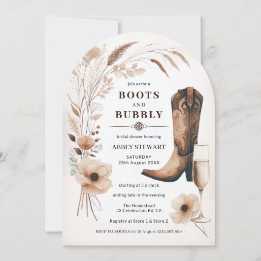 Boots et Bubbly Fête des mariées Invitation Arch (Devant)