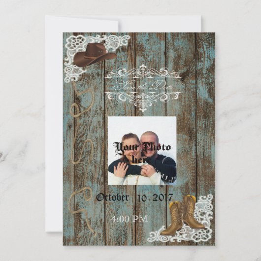 Boots & Lace Distressed Wood Bewaar de datum Save The Date (Voorkant)