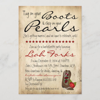 Boots & Pearls Bachelorette Party Invitation Kaart