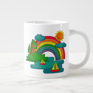 Boottochtlandschap onder de zon, wolken en regenbo extra grote beker