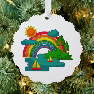 Boottochtlandschap onder de zon, wolken en regenbo ornament kaart