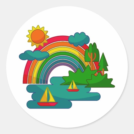 Boottochtlandschap onder de zon, wolken en regenbo ronde sticker (Voorkant)