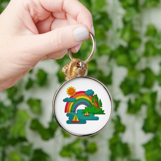 Boottochtlandschap onder de zon, wolken en regenbo sleutelhanger (Hand)