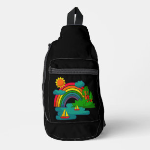 Boottochtlandschap onder de zon, wolken en regenbo sling bag