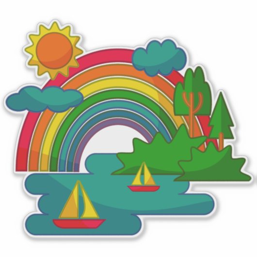 Boottochtlandschap onder de zon, wolken en regenbo sticker (Voorkant)