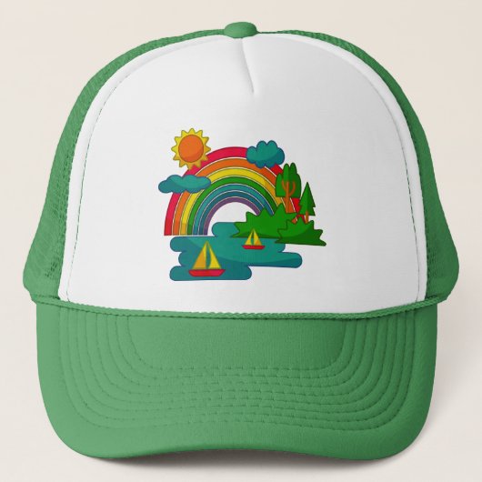 Boottochtlandschap onder de zon, wolken en regenbo trucker pet (Voorkant)
