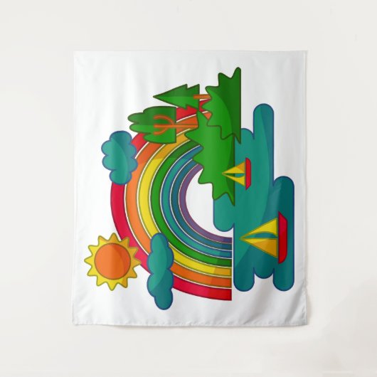 Boottochtlandschap onder de zon, wolken en regenbo wandkleed (Voorkant)