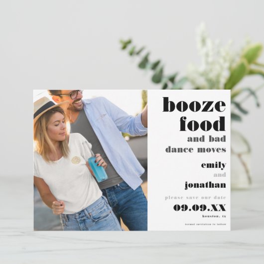 Booze Food Bad Dance Moves Photo Save the Date (Staand voorkant)