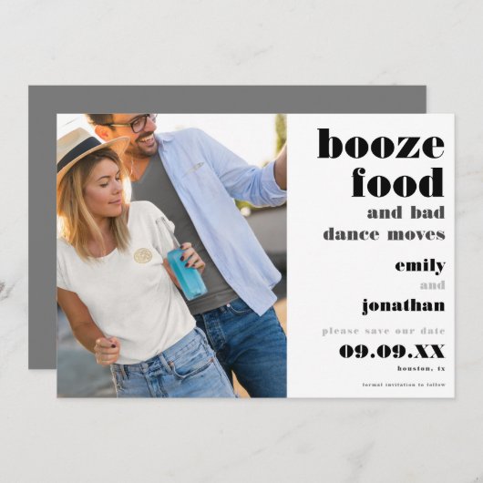 Booze Food Bad Dance Moves Photo Save the Date (Voorkant / Achterkant)