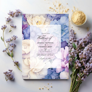 Bord blauw, crème en lavendel bloemenbruiloft kaart