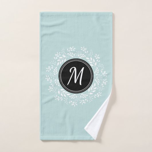 Bord Blauw Wit Bloemenkrans Zwart Monogram Handdoek (Handdoek)