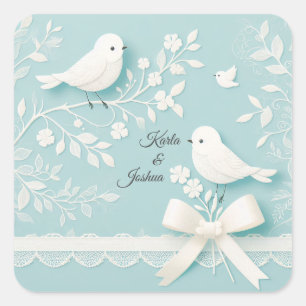 Bord Blauwgroen met romantisch kant en vogelbruilo Vierkante Sticker
