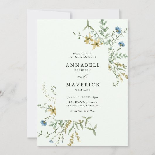 Bord Groen Delicaat Wildflower Modern Boho Bruilof Kaart (Voorkant)