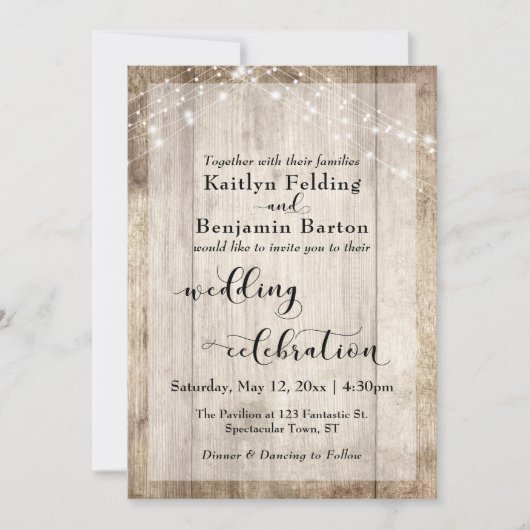 Bord houten lichten bruiloft viering kalligrafie kaart (Voorkant)