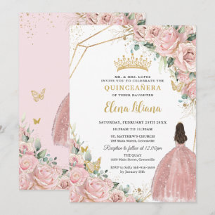 Bord Lichtroze Bloemen Rozen Quinceanera Sweet 16 Kaart
