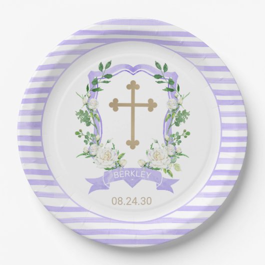 Bord Paars Floral Crest Baptism Paper (Voorkant)
