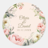 Bord Perzik en Blush Roze Bloemen Bruiloft Ronde Sticker (Voorkant)