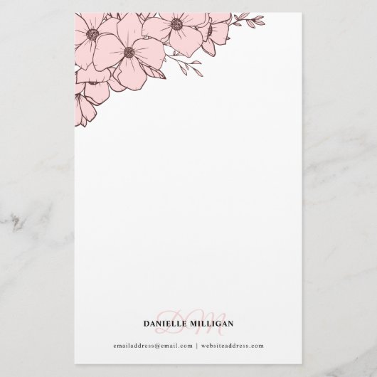Bord Roze Bloemen Naam Monogram Website Briefpapier (Voorkant)