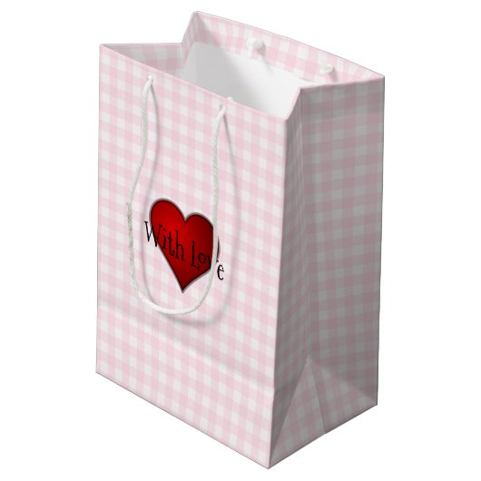 Bord Roze Gingham Rood hart Met Liefde Medium Cadeauzakje (Achterkant Gekanteld)
