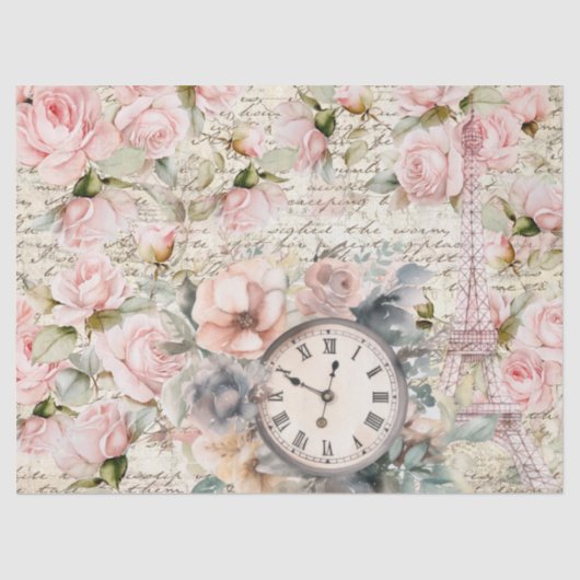 Bord Roze Rozen Oude Letter Klok Decoupage Tissuepapier (Voorkant)