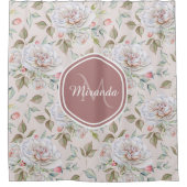 Bord Roze Rozenpatroon met Monogram en Naam Douchegordijn (Voorkant)