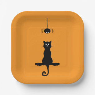 Bord van klein zwart katje en spin-halloween papie