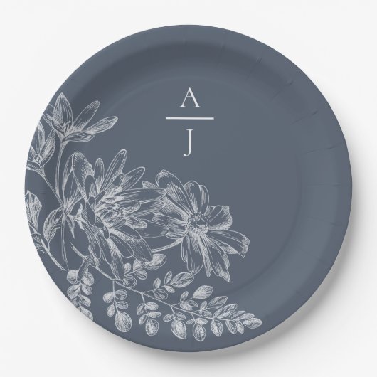 Bord van modern mosterdblauw monogram - Floral pap (Voorkant)