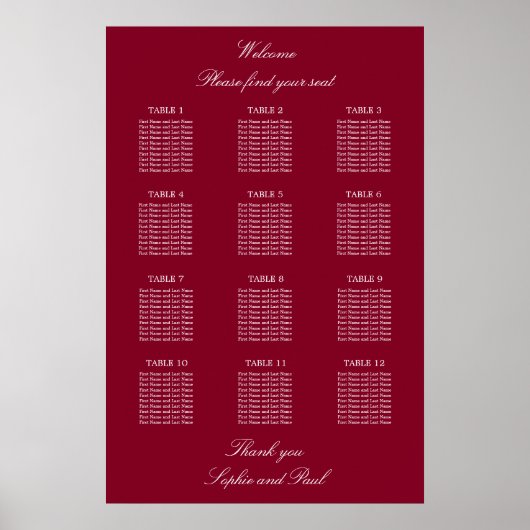 Bordeaux 12 Tafel Trouwzaal Stoelen Plattegrond Po Poster (Voorkant)