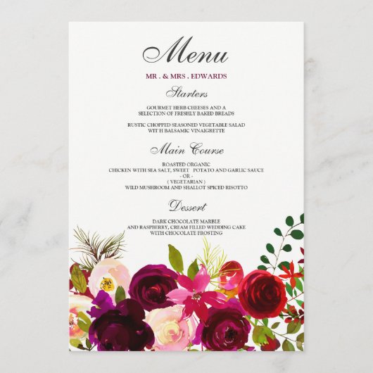 Bordeaux Bloemen Bloemrijke Elegante Trouw Menu (Voorkant)
