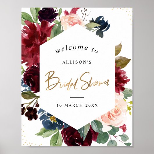 Bordeaux bloemenframe bruiloftsshower welkomstbord poster (Voorkant)