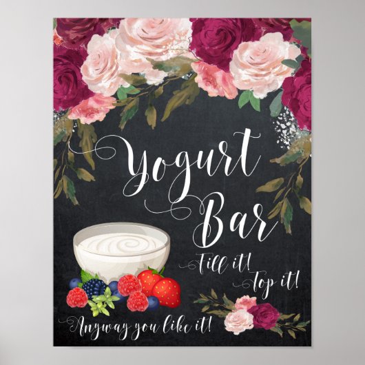 Bordeaux bloemige yoghurtbar bord krijtbord bruilo poster (Voorkant)